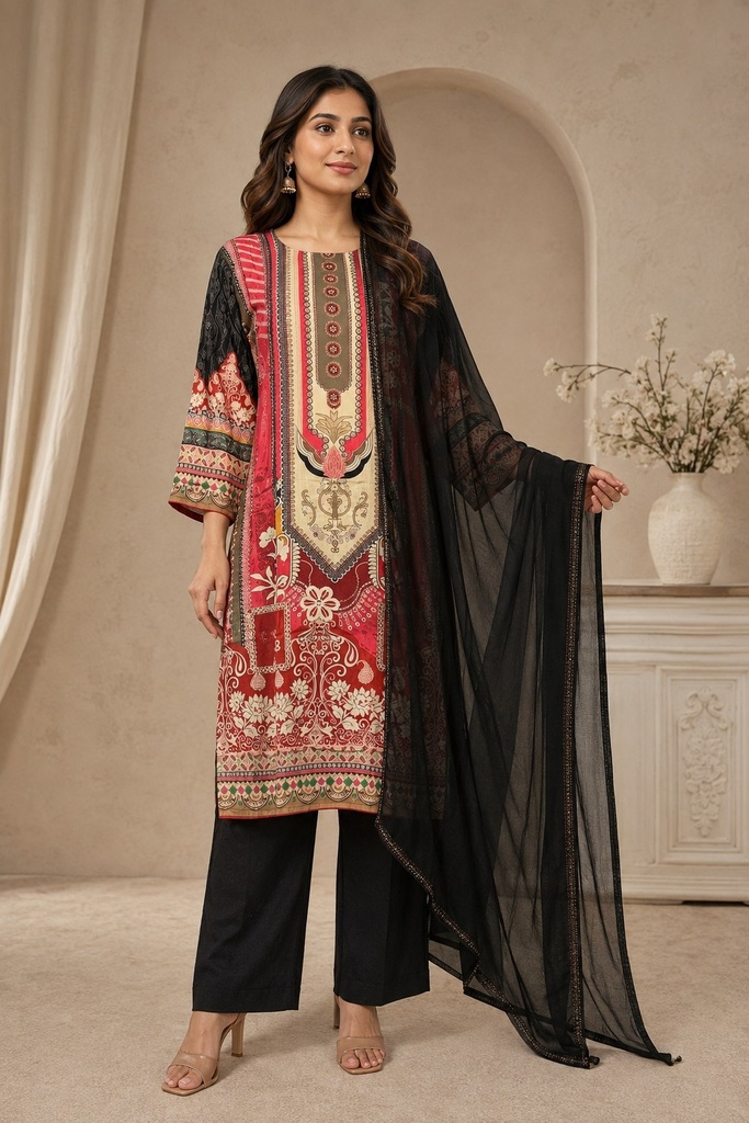 Maroon Red With Black Rayon Viscose 3 Piece Suit Set