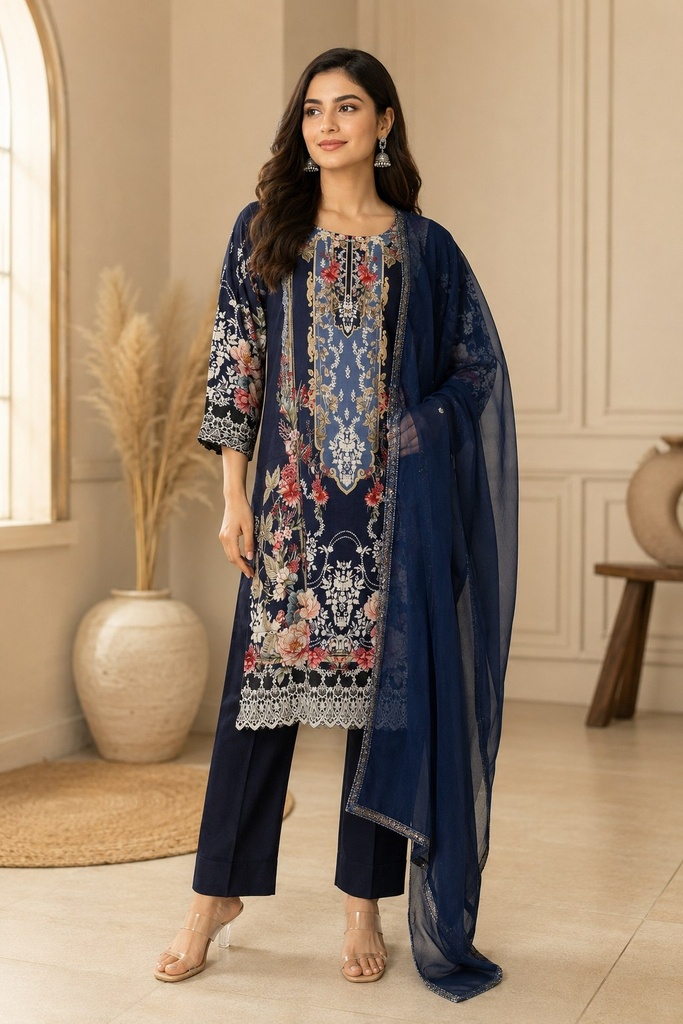 Navy Blue Rayon Viscose 3 Piece Suit Set