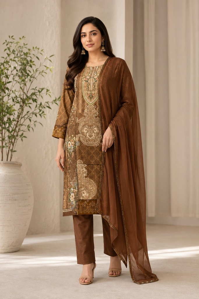 Coffee Brown Rayon Viscose 3 Piece Suit Set