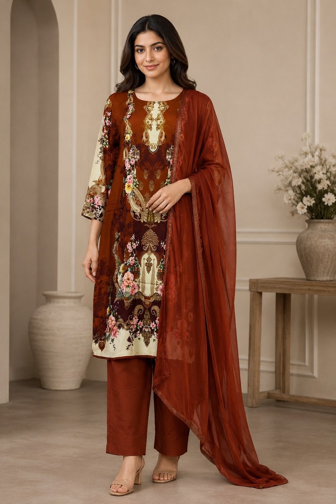 Rust Orange Rayon Viscose 3 Piece Suit Set