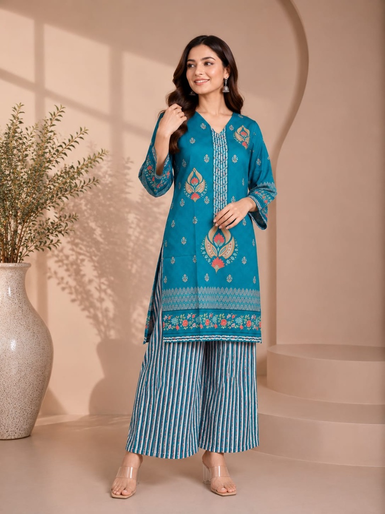 Azure Blue Ethnic Printed Rayon Co-Ord Set