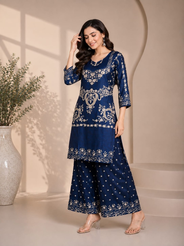 Royal Blue Mughal Motif Rayon Co-Ord Set
