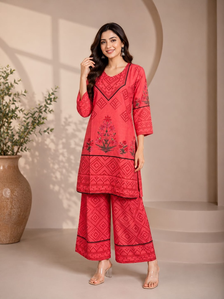 Ruby Red Ethnic Printed Rayon Co-Ord Set