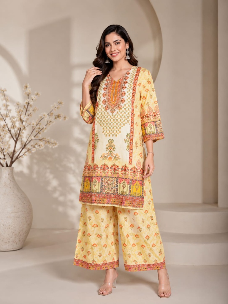 Sunshine Yellow Ethnic Printed Rayon Co-Ord Set