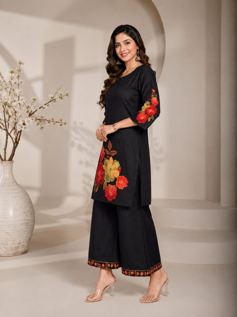 Midnight Black Floral Printed Rayon Co-Ord Set