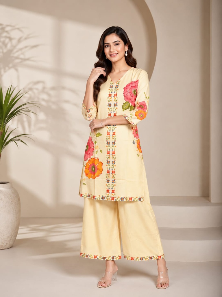 Butter Yellow Floral Printed Rayon Co-Ord Set