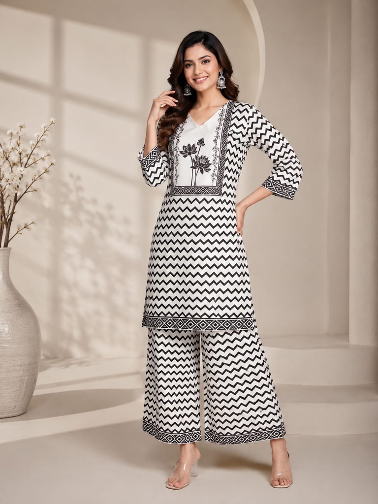Monochrome Zigzag Printed Rayon Co-Ord Set |