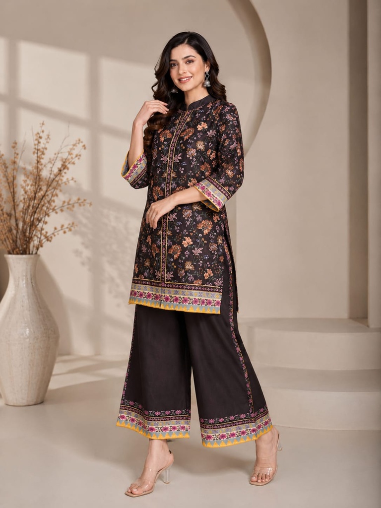 Coffee Brown Floral Designer Rayon Co-Ord Set