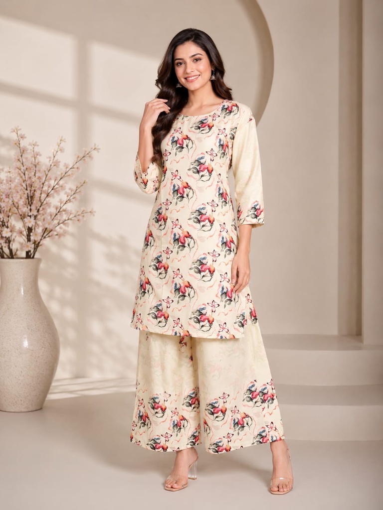 Cream Floral Printed Rayon Co-Ord Set