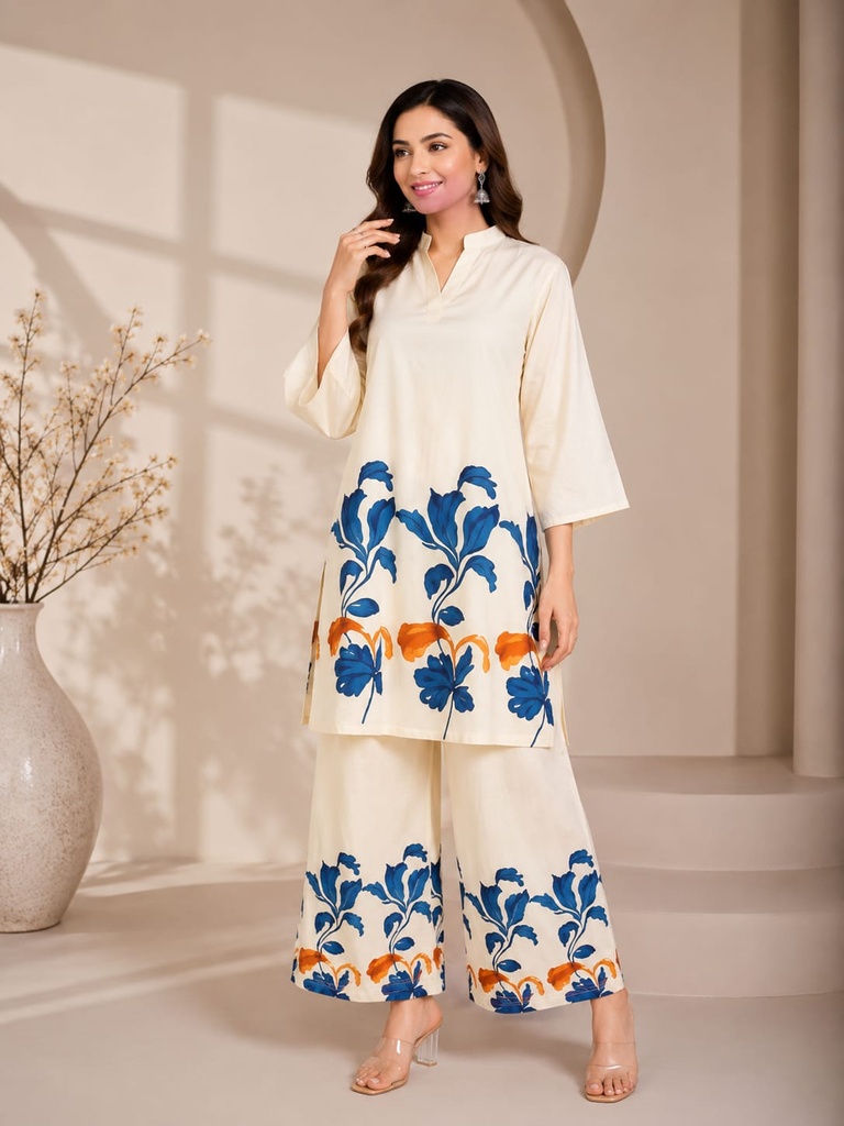 Ivory Blue Floral Printed Rayon Co-Ord Set