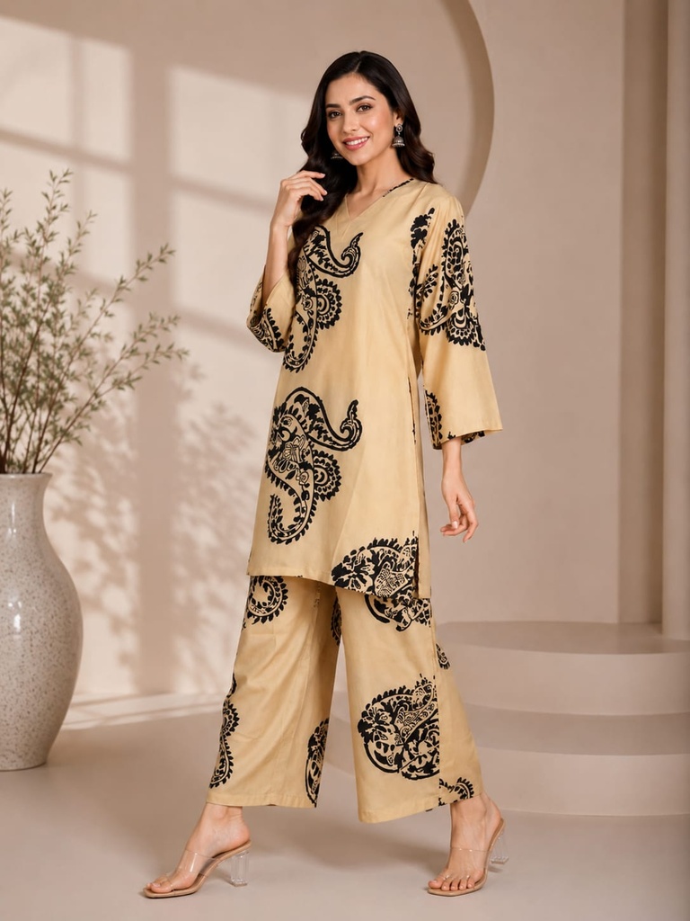 Beige Paisley Printed Rayon Co-Ord Set