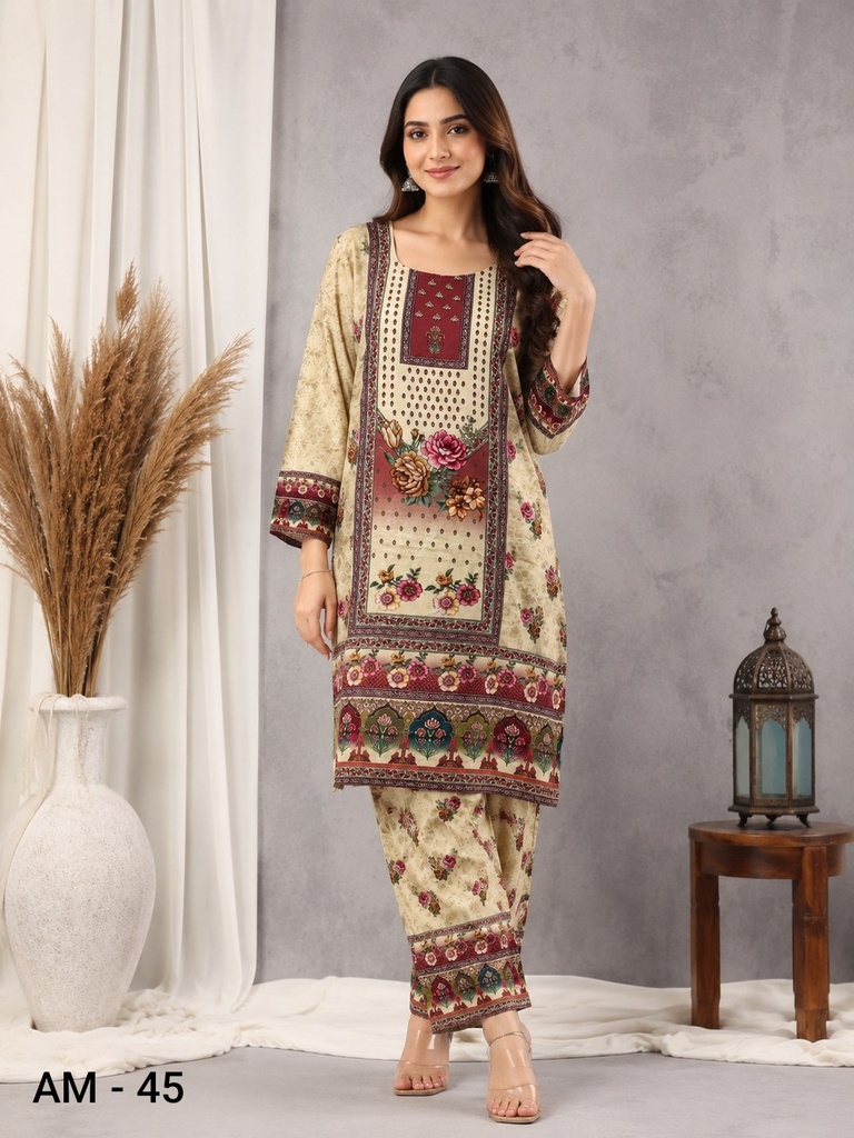 Beige Floral Heritage Print Rayon Viscose Co-Ord Set