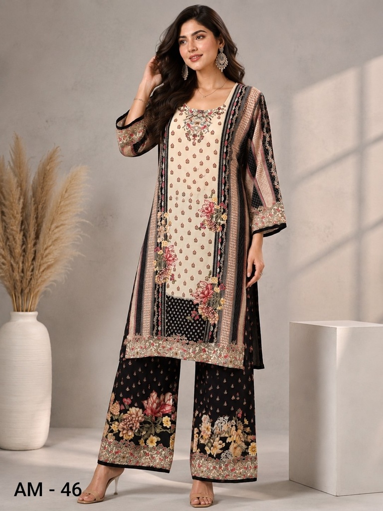 Black Floral Border Print Rayon Viscose Co-Ord Set