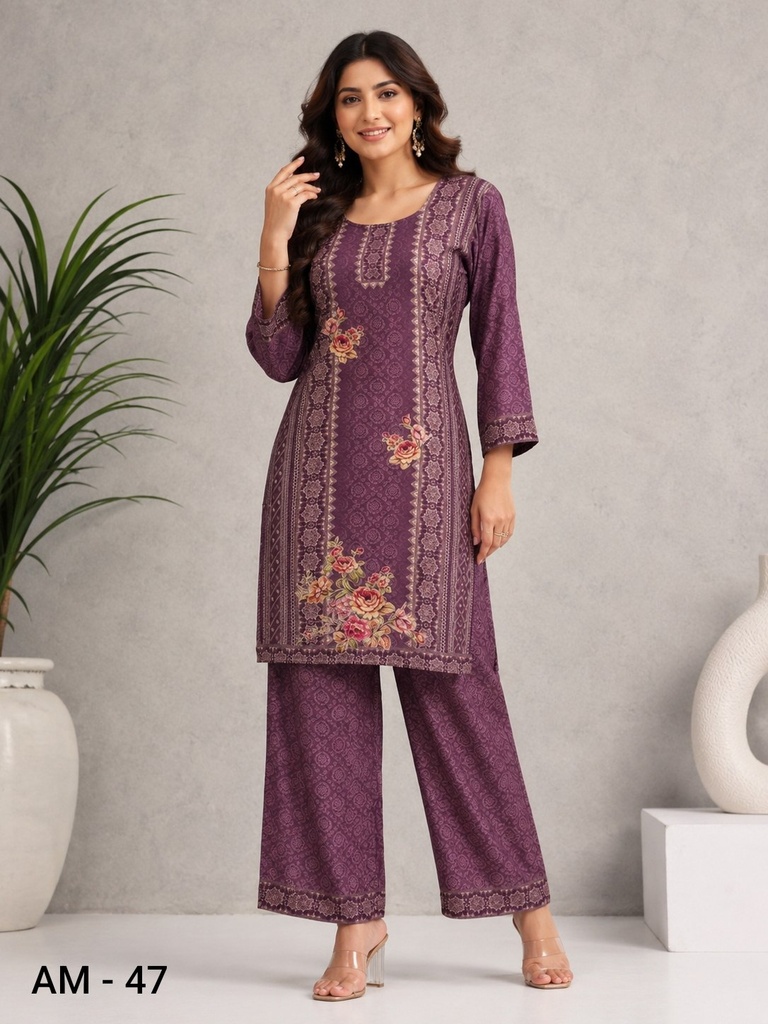 Purple Vintage Floral Rayon Viscose Co-Ord Set