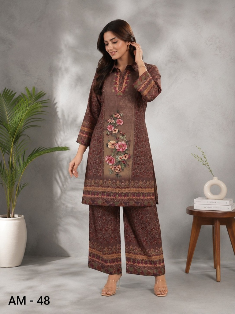 Brown Vintage Floral Rayon Viscose Co-Ord Set