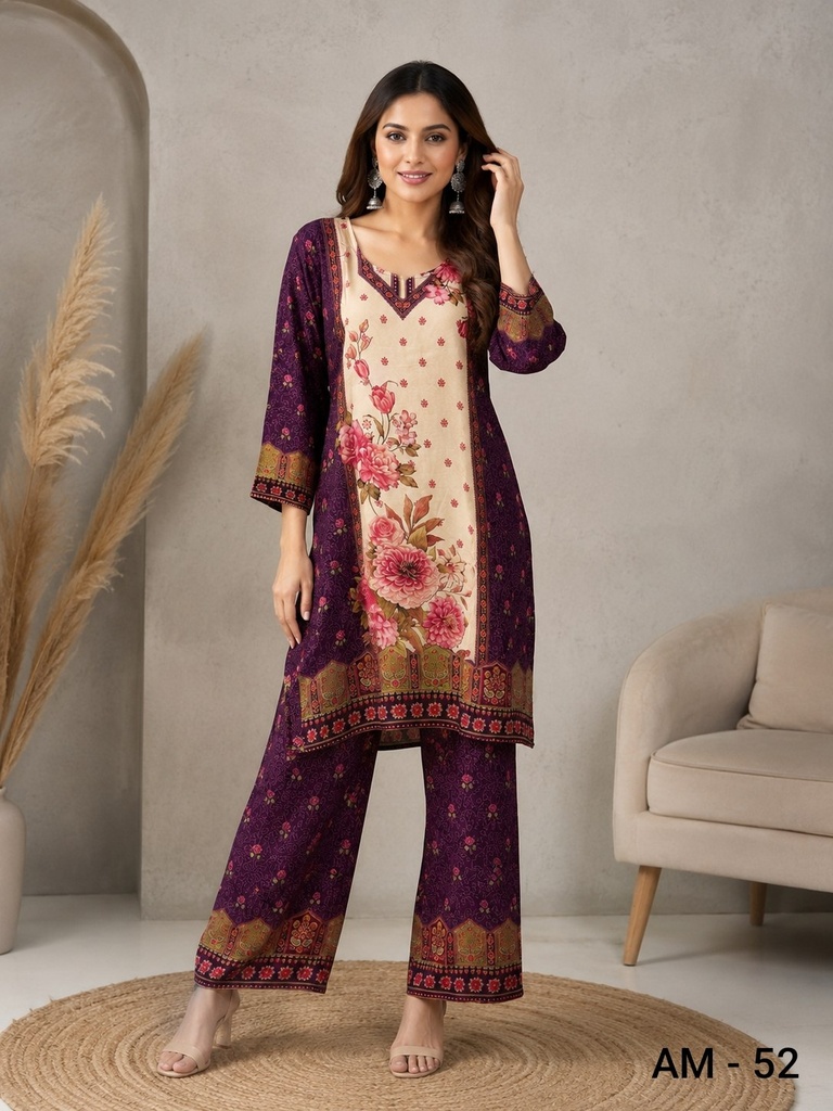 Wine Floral Heritage Rayon Viscose Co-Ord Set