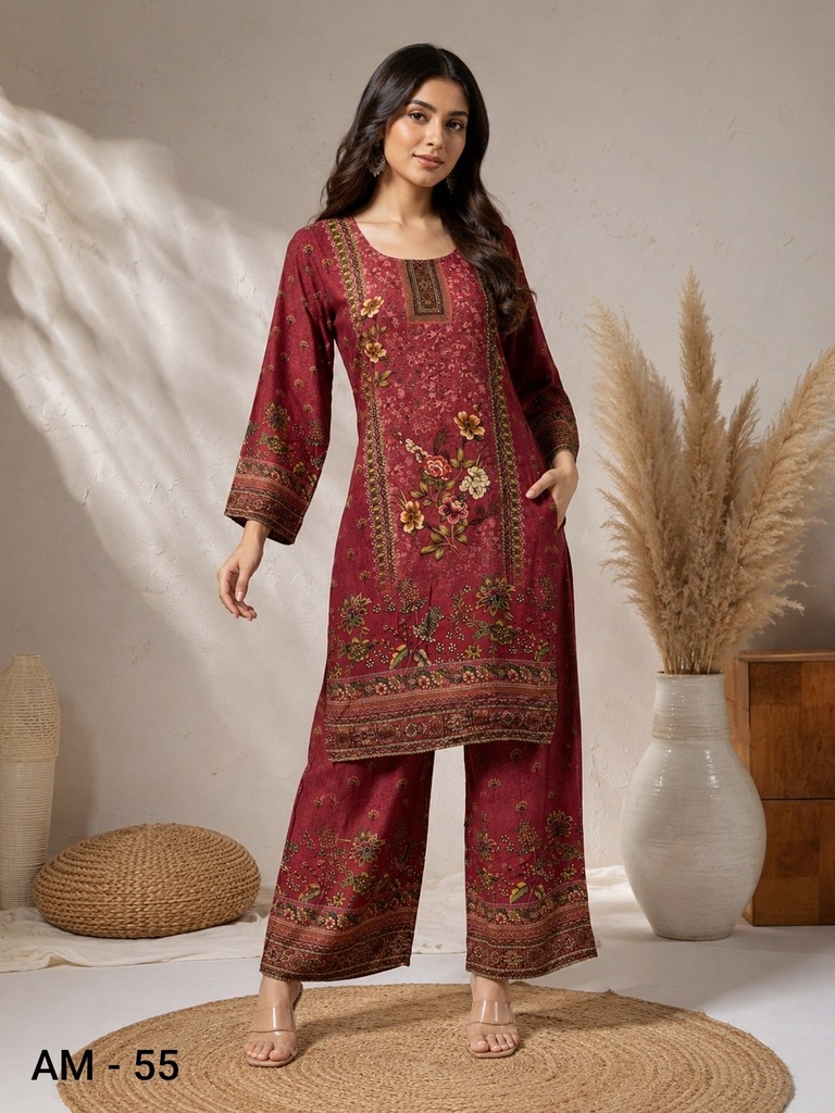 Wine Floral Rayon Viscose Co-Ord Set