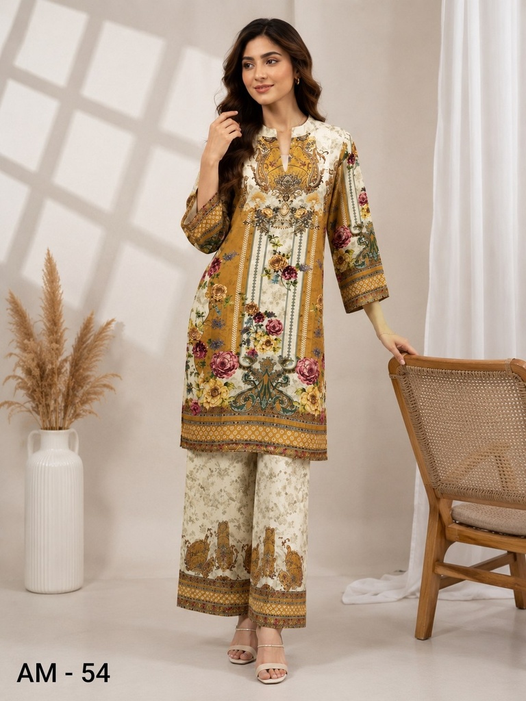 Cream Floral Rayon Viscose Co-Ord Set