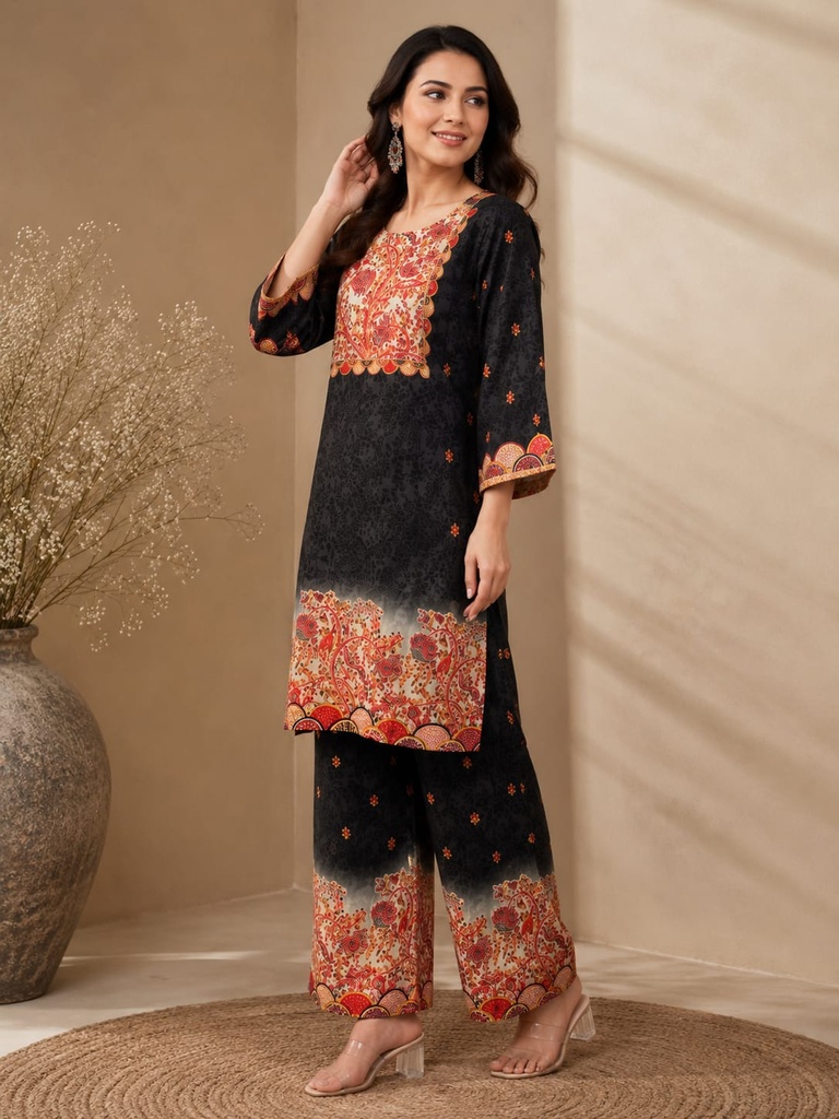 Black Floral Rayon Viscose Co-Ord Set