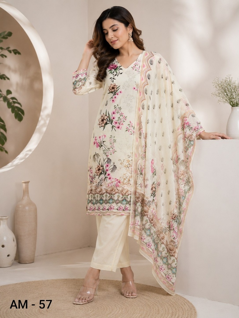 Cream Floral Rayon Viscose 3 Piece Suit Set