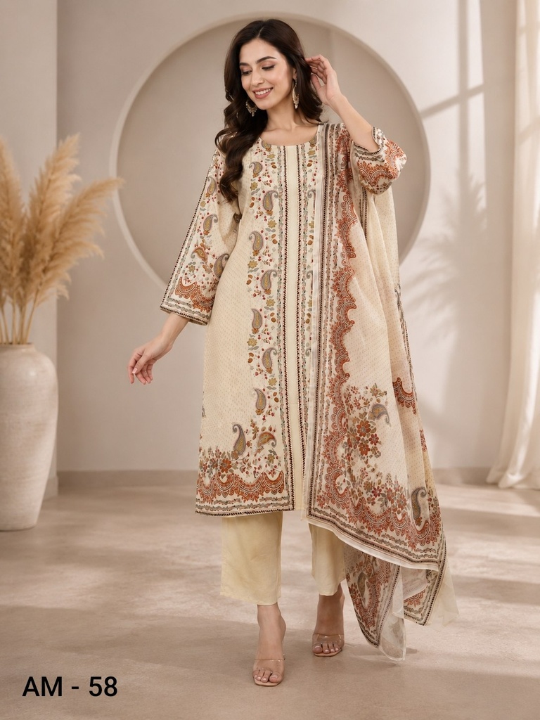 Cream Floral Rayon Viscose 3 Piece Suit Set