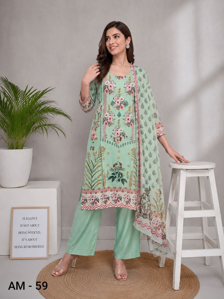 Mint Green Floral Rayon Viscose 3 Piece Suit Set