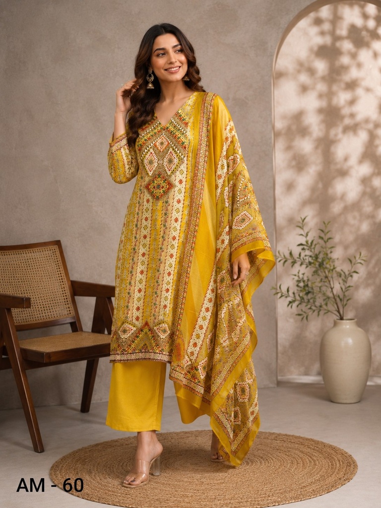 Mustard Yellow Rayon Viscose 3 Piece Suit Set