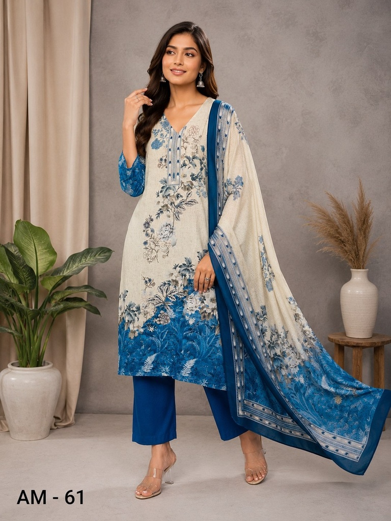 Blue Floral Rayon Viscose 3 Piece Suit Set