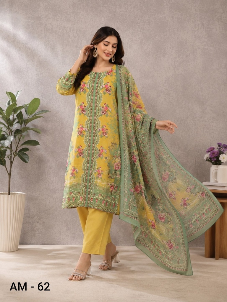 Yellow Floral Rayon Viscose 3 Piece Suit Set