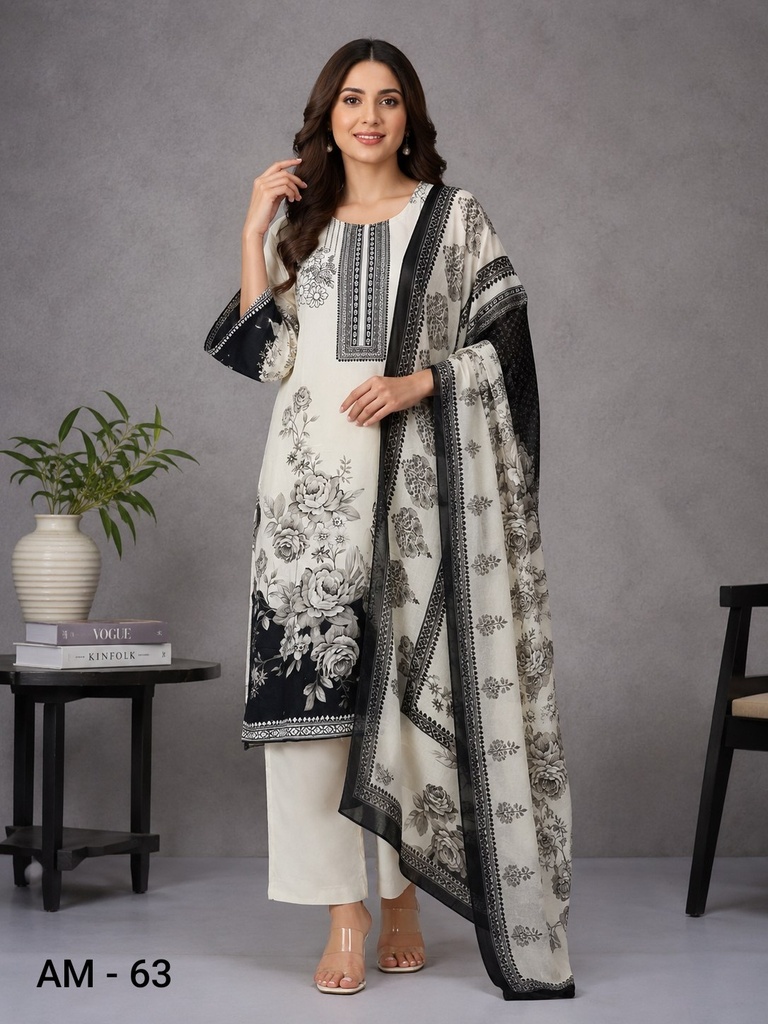 Black & White Floral Rayon Viscose 3 Piece Suit Set