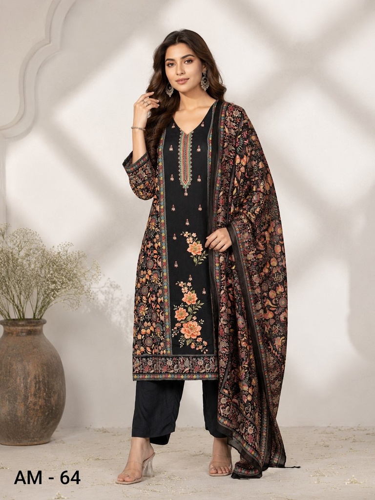 Black Floral Rayon Viscose 3 Piece Suit Set