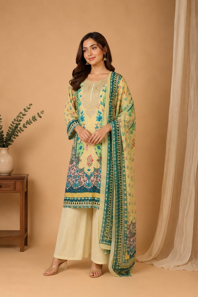 Pastel Yellow Rayon Viscose 3 Piece Suit Set