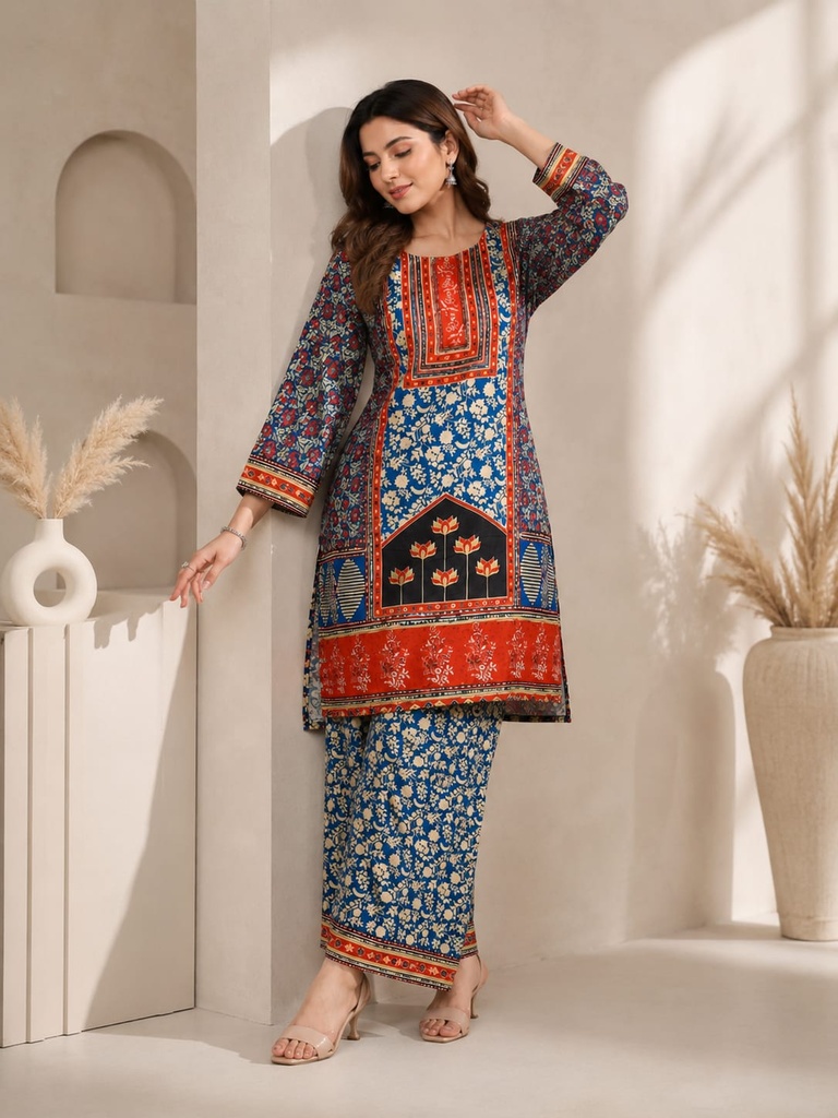 Blue Printed Muslin Co-Ord Set for Women