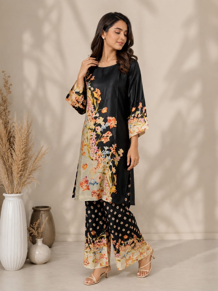 Black Floral Muslin Co-Ord Set for Women