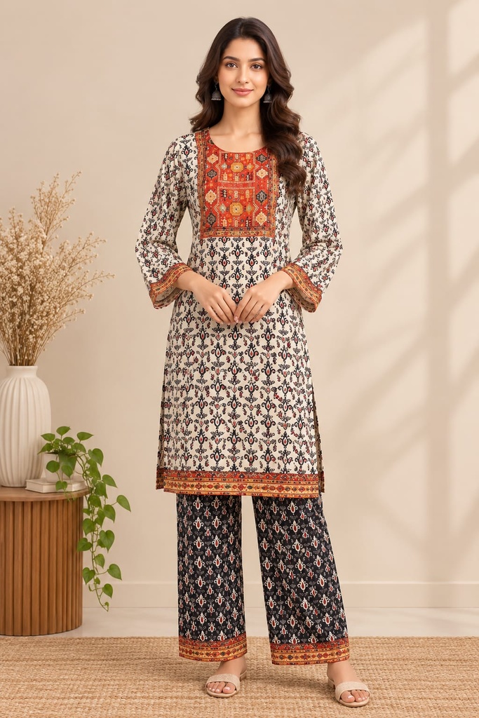 Cream & Black Printed Muslin Co-Ord Set for Women
