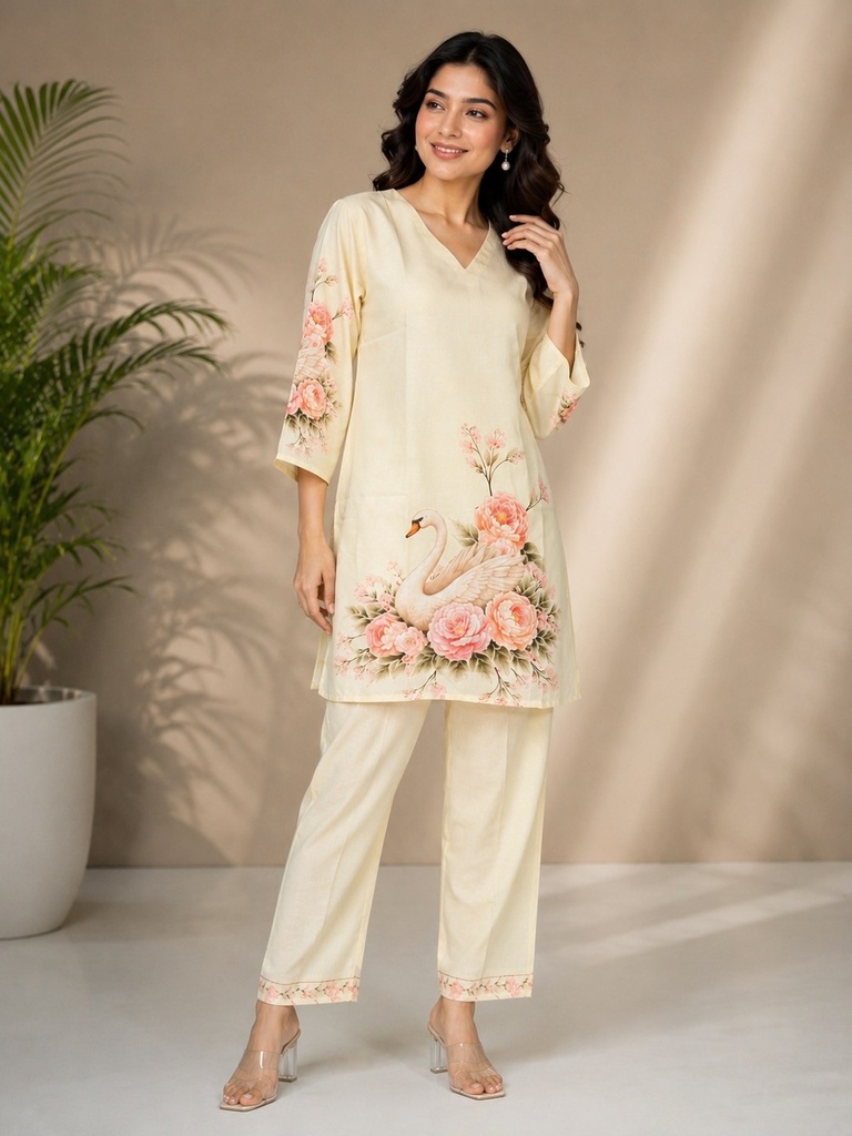 Women's Premium Linen Digital Print Co-Ord Set – Swan & Floral Design | Cream