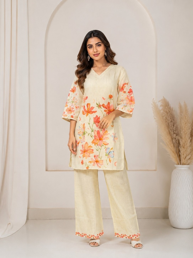 Women's Premium Linen Floral Digital Print Co-Ord Set – Cream