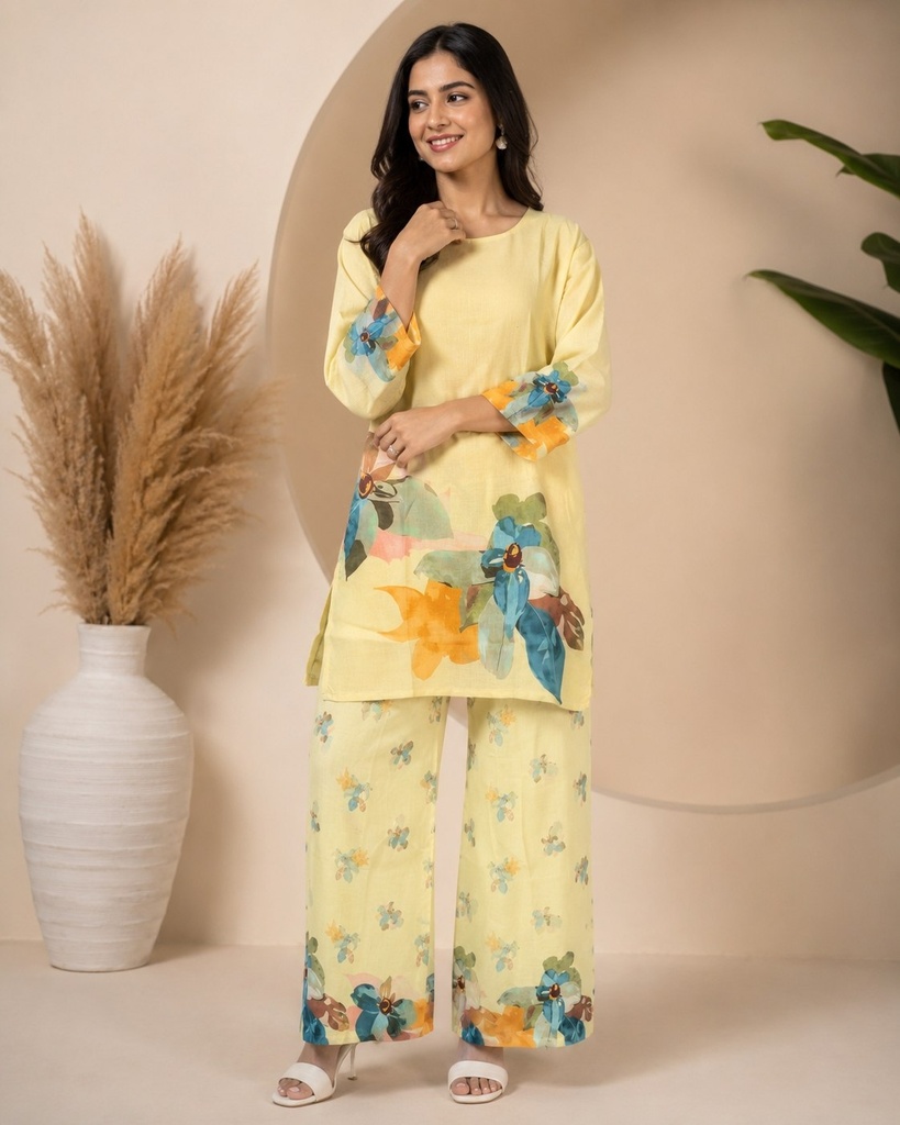 Women's Premium Linen Floral Printed Cord Set – Lemon Yellow